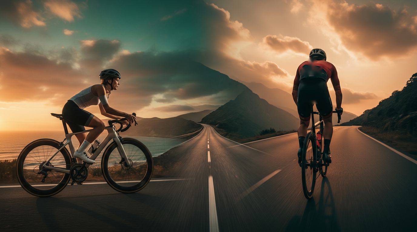 Female and male cyclists riding a coastal mountain road at golden hour